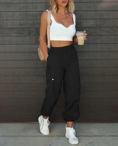 Miniatura 5 de Pantalones de paracaídas para mujer, cintura alta elástica, pantalones cargo Y2K holgados con 4 bolsillos