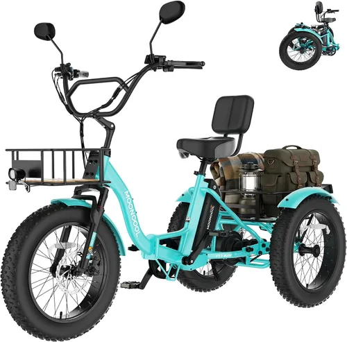 Miniatura 9 de MOONCOOL Triciclo eléctrico para adultos, marco de aluminio de neumático grueso de 1000 W, 4 pulgadas, batería de 48 V y 14.5 Ah, frenos de disco