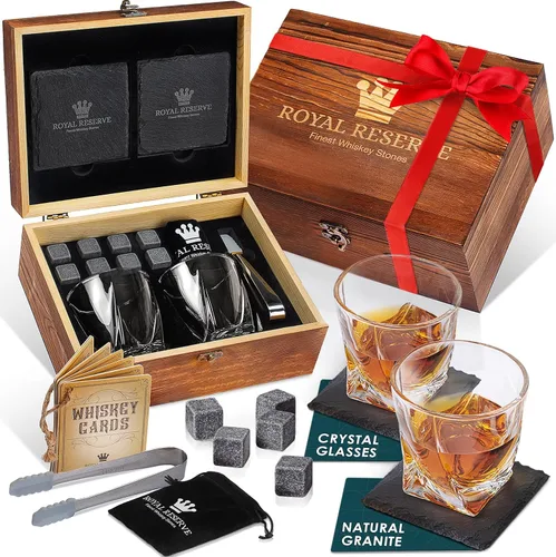 Juego de vasos de whisky Royal Reserve de 2 con piedras refrigerantes y posavasos – Regalo de whisky para hombres, papá, jefe, novio en jubilación,