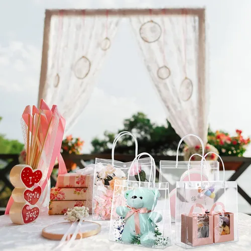 Miniatura 5 de Reginary 85 bolsas de regalo de PVC transparente con asas de 6.89 x 6.89 x 3.54 pulgadas, bolsas de plástico transparente reutilizables a granel