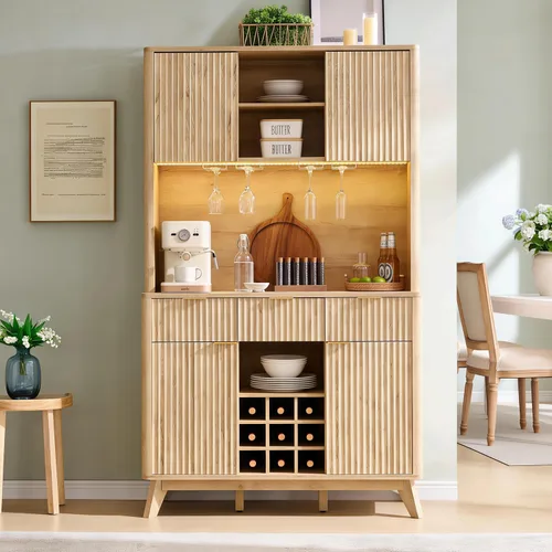 Miniatura 10 de OKD Gabinete de barra de café acanalado de 72 pulgadas de alto con amplio almacenamiento, aparador de buffet moderno con soporte para vidrio, Nogal