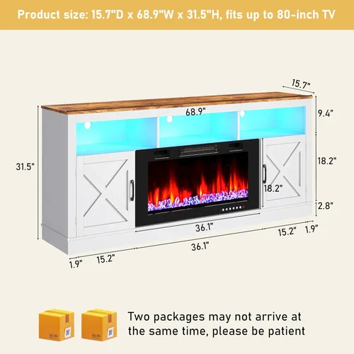 Miniatura 2 de jiteentarou Soporte de TV con chimenea de granja para TV de 70/75/80 pulgadas, centro de entretenimiento de 32 pulgadas de alto con chimenea Blanco