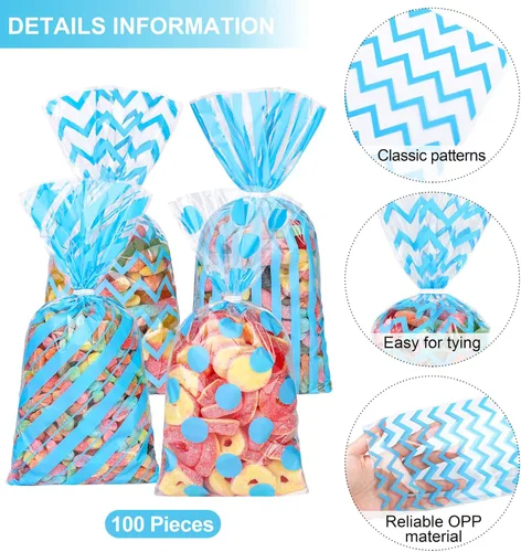 Miniatura 3 de Aodaer 100 bolsas de celofán azul de 10.6 x 5.1 pulgadas, bolsas de plástico de celofán, bolsa de regalo con patrón de rayas de lunares, bolsa