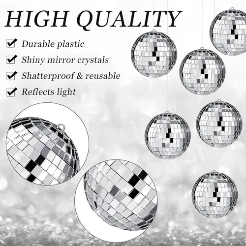 Miniatura 3 de 17 Piezas de Decoración de Bola de Discoteca: Bolas de Discoteca Colgantes de Espejo de Tamaño Variado Mini y Grande - Adornos de Navidad Plateados