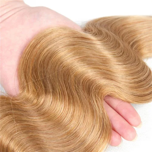 Miniatura 6 de #27 - Paquetes de cabello humano rubio miel ondulado, paquete de 3 paquetes de cabello humano virgen brasileño 08, 10, 12 pulgadas, color 27