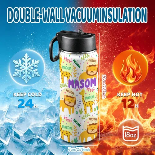 Miniatura 4 de Personalized Kids Water Bottle with Name, 18oz Insulated Stainless Steel Straw, Leak Proof BPA-Free Water Bottle for School, Sports & Travel, Custom