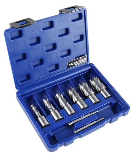 Accusize Industrial Tools H.SS Juego de cortadores anulares, profundidad de corte de 1 pulgada, 7/16 a 1-1/16 pulgadas con vástago Weldon de 3/4