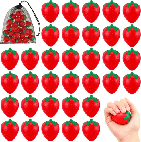 Geosar 24 bolas de estrés de fresa de 2 pulgadas, mini espuma de fresa, juguetes elásticos para fiesta de frutas, juguete para aliviar el estrés con