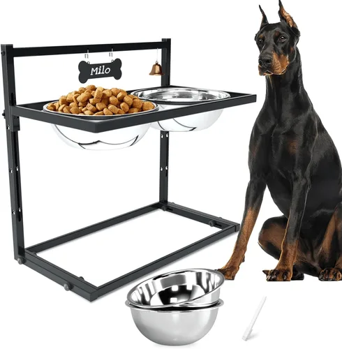 SHAINFUN Comedero Elevado para Perros para Razas Grandes, Soporte de Cuenco para Perros Ajustable en Altura con Cuencos de Acero Inoxidable de 3000ML