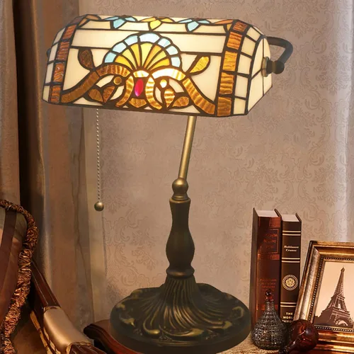 Miniatura 3 de Green Bankers - Lámpara de mesa vintage, luz de escritorio retro, lámpara de escritorio de oficina de vidrieras Tiffany, lámpara de cuentas