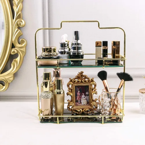 Miniatura 3 de Organizador de maquillaje, organizador de baño de 2 niveles, estante de almacenamiento de cosméticos para tocador y encimera, cesta organizadora