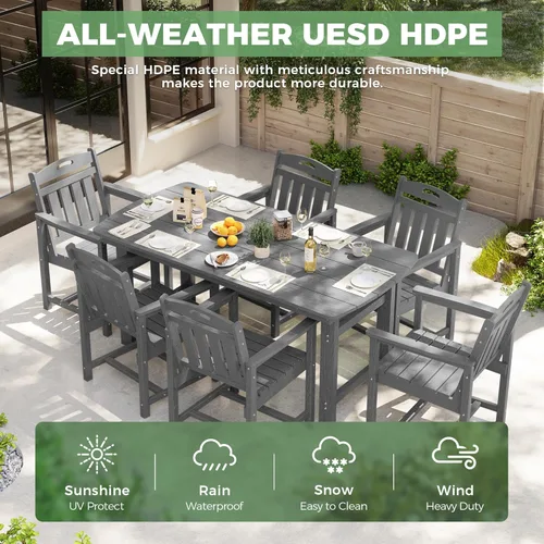 Miniatura 3 de Juego de comedor de patio al aire libre de HDPE con mesa y 6 sillas, juego de mesa y sillas de 7 piezas para todo clima, agujero para sombrilla de 2