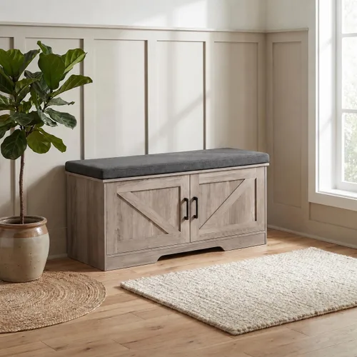 Miniatura 18 de HOMSHO Banca de almacenamiento de 2 niveles, banca para zapatos de 70 cm de ancho con cojín de asiento acolchado, banca de entrada con 2 puertas