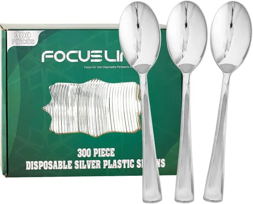 FOCUSLINE Paquete de 300 cucharas desechables de plástico plateado de 6.8 pulgadas, cucharas de plástico sólido y duradero, cubiertos desechables