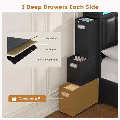 Miniatura 5 de ADORNEVE Base de cama tamaño King con 10 cajones de almacenamiento y cabecera tipo estantería RGB, cama King tapizada en PU con estación de carga