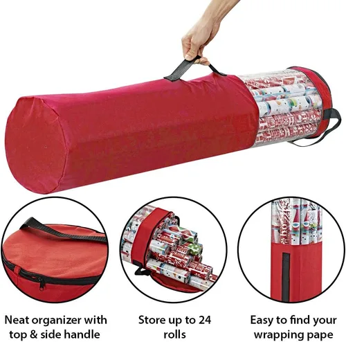 Miniatura 3 de ProPik Bolsa de almacenamiento de papel de regalo, organizador de papel de regalo de Navidad, almacena hasta 24 rollos de 40 pulgadas, poliéster Rojo