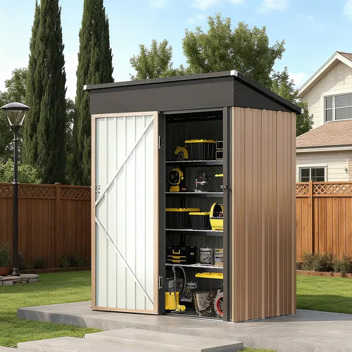 Miniatura 2 de Cobertizo de almacenamiento para exteriores de 5 x 3 pies, cobertizo de herramientas de jardín de metal con techo inclinado y puerta con cerradura