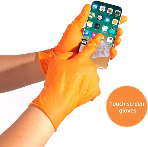 Miniatura 6 de LOGO Guantes desechables de nitrilo naranja-7.5mil Grip Diamond Textured Heavy Duty Automotive Mechanic compostable (50 piezas/caja)