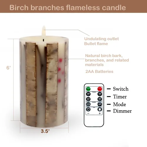 Miniatura 4 de Velas de abedul real sin llama incrustadas con bayas rojas, velas de Navidad sin llama con control remoto, velas tipo pilar que funcionan