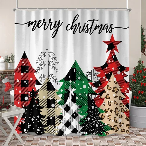 Cortina de ducha de árbol de Navidad, diseño de búfalo negro y rojo, a cuadros, juego de cortinas de ducha de tela para decoración de baño con