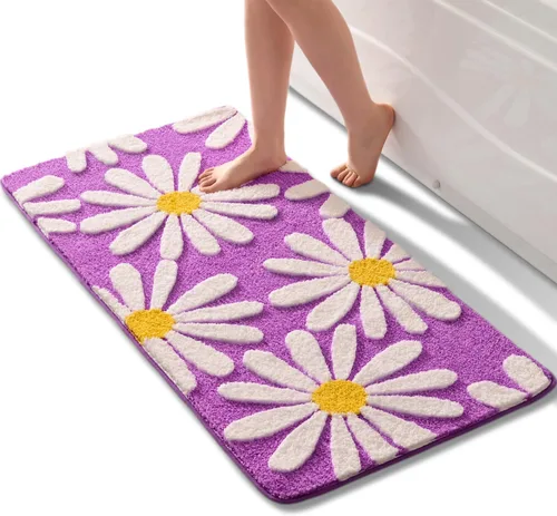 Miniatura 14 de QJHOMO Alfombra de baño azul con diseño de margaritas, decoración de flores blancas y amarillas, alfombra antideslizante de microfibra, súper Azul