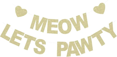 Pancarta de Meow Let's Pawty – Telones de fondo para fiesta de cumpleaños de gatitos – Pet Cats Party Gold Glitter Paper Photoprops