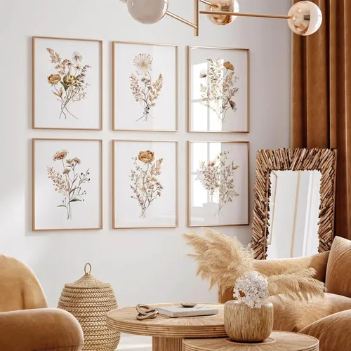 Miniatura 3 de Juego de 6 arte de pared de flores de acuarela con diseño botánico de flores silvestres, arte de pared en lienzo neutro bohemio, impresiones
