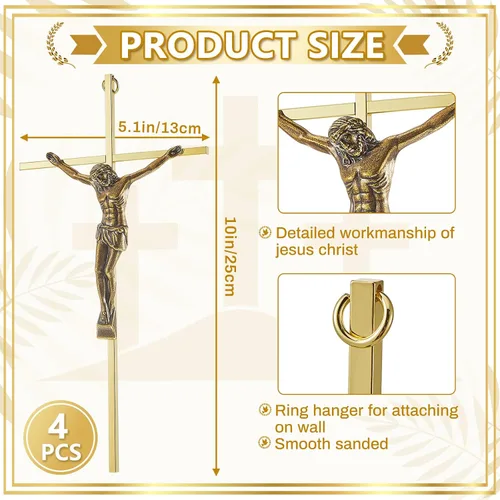 Miniatura 2 de Leinuosen Crucifijo de pared de 4 piezas de cruz católica delgada de metal para decoración del hogar, colgante de Jesús, 10 x 5 x 1 pulgadas (dorado)