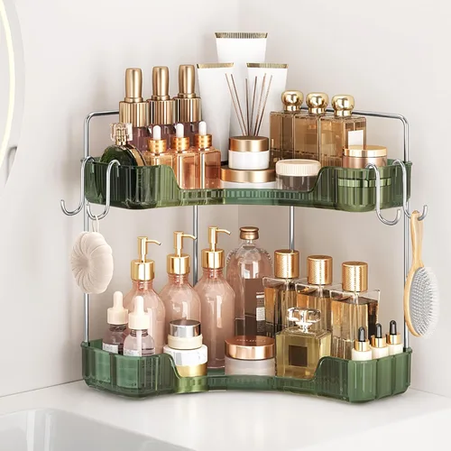 Miniatura 16 de Organizador de esquina para encimera de baño, organizador de baño de 2 niveles y encimera de almacenamiento con ganchos, cuidado de la piel