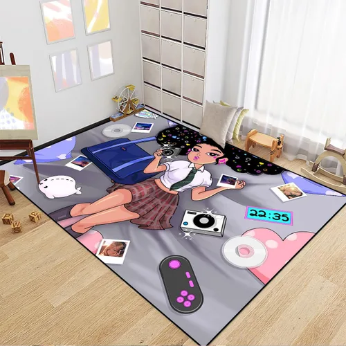 Miniatura 20 de Alfombra de área para dormitorio de niñas negras africanas, alfombra para sala de estar, sala de juegos, azul, lindo anime de dibujos animados
