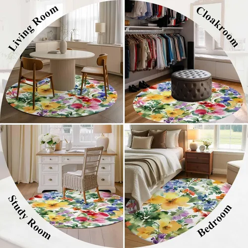 Miniatura 7 de Round Rugs 3 Feet, Green Yellow Floral Non Slip Area Rugs for Living Room, Bedroom, Barhroom, Entryway, Purple Blue Watercolor Retro Leaf Soft