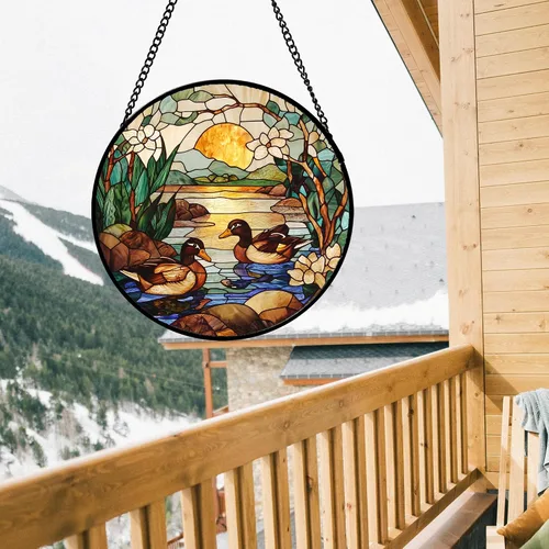 Miniatura 20 de Colgador de vidrieras para colgar, atardecer montañas, lago, árbol, atrapasoles para ventana, decoración del hogar, paisaje, día de la madre