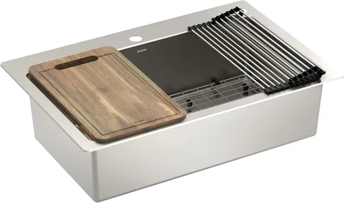 Moen Luxe Chef GS181012BUX - Fregadero con estación de trabajo de acero inoxidable de calibre 18 de 33 x 22 pulgadas, incluye tabla de cortar,