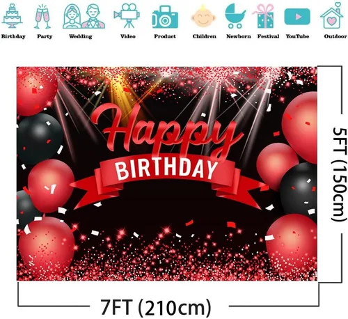 Miniatura 2 de AIIKES Telón de fondo de feliz cumpleaños de 7 x 5 pies con globos rojos con purpurina para niñas y mujeres, decoración de fiesta de fotografía
