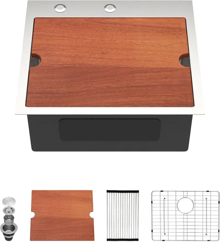 Miniatura 11 de Dcolora 33x22 Fregadero de cocina de acero inoxidable de 16 calibres, estación de trabajo de caída, fregadero de cuenco único grande, montaje