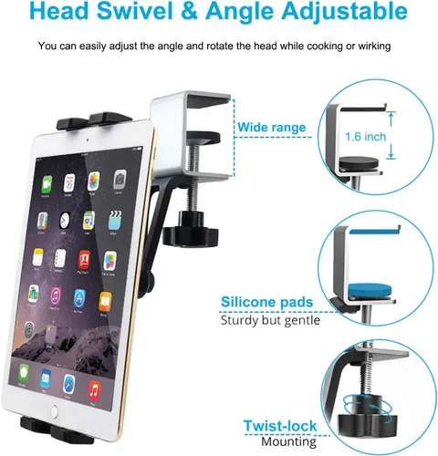 Miniatura 3 de Soporte para tablet de armario de cocina, soporte para tableta debajo del gabinete con abrazadera ajustable de 360° para iPad Pro Air Mini, Galaxy
