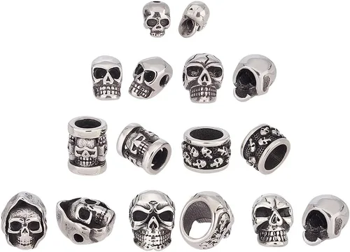 UNICRAFTALE 8 cuentas espaciadoras de acero inoxidable con cabeza de calavera de 8 estilos, cuentas sueltas de plata antigua, cuentas de metal