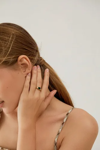 Miniatura 3 de Anillos de oro con esmeralda, anillos de oro para mujer, delicados anillos verdes cortados con piedras preciosas de esmeralda, circonita cúbica
