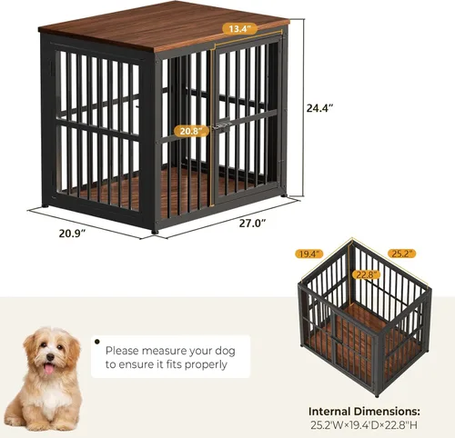 Miniatura 6 de Lyromix Mueble de jaula para perros de 27'' con 3 puertas, mesa auxiliar de jaula de madera resistente, jaula interior para cachorros para perros