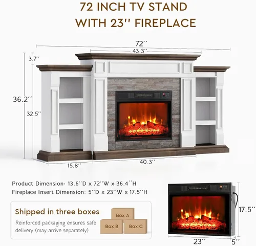 Miniatura 7 de Chimenea eléctrica de 72 pulgadas con chimenea, soporte de TV para televisores de hasta 80 pulgadas, centro de entretenimiento de granja con Blanco