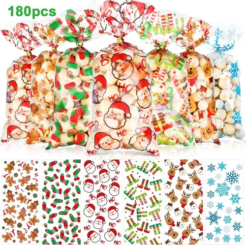 Blulu 180 bolsas de fiesta de Navidad, bolsas de plástico de celofán de Papá Noel con 200 lazos dorados y plateados para vacaciones, fiestas de