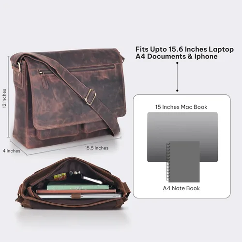Miniatura 5 de VALENCHI Bolsa tipo mensajero de cuero de grano completo para laptop de 15.3 pulgadas para hombres y mujeres, compartimento acolchado para laptop