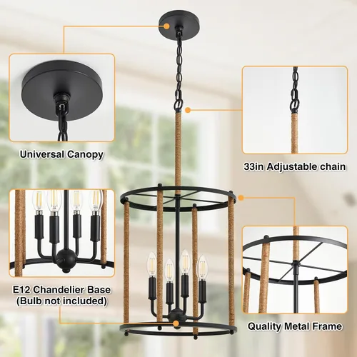 Miniatura 3 de Luvkczc Candelabro de 4 Luces, Luz de Techo Estilo Granja, Lámpara de Linterna Negra Accesorios de Iluminación con Jaula de Cuerdas, Altura