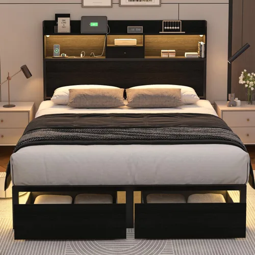 Miniatura 8 de Marco de Cama Tamaño Completo con Cabecero Alto y Luces LED, Librero de 51.2" Marco de Cama Negro Tamaño Completo con Cajones de Almacenamiento