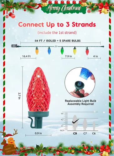 Miniatura 8 de Luces de Navidad C9 para exteriores, 114 pies, 150 luces LED C9 con temporizador y 8 modos de luz, luces impermeables de grado comercial conectables