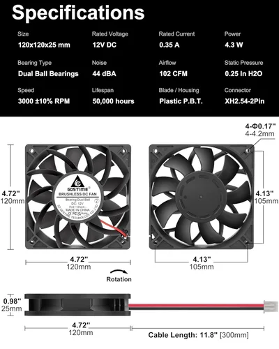 Miniatura 4 de GDSTIME Ventilador de caja de 4.724 in, alta presión de aire de 4.724 in x 0.984 in, 12 V CC, ventilador de enfriamiento sin escobillas 2 pines