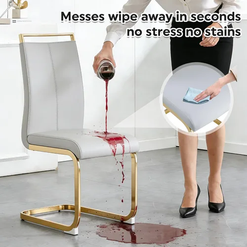 Miniatura 4 de Baysitone - Juego de 4 sillas de comedor modernas - Marco dorado, asiento acolchado de piel sintética con respaldo alto, gris claro - Adecuadas