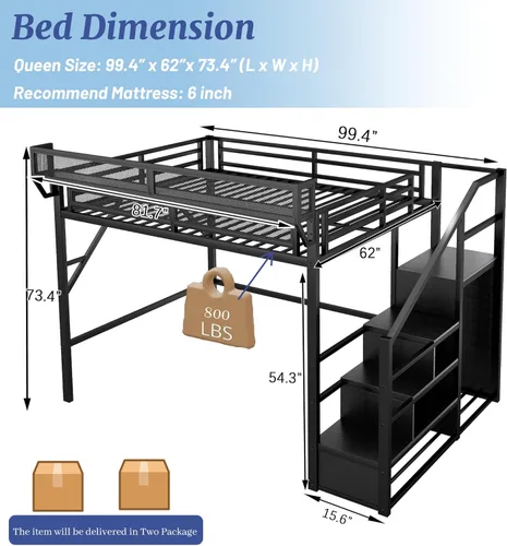 Miniatura 2 de Base de cama Queen Loft con escaleras y almacenamiento, marco de cama de metal resistente, capacidad de 800 libras, para adultos y adolescentes