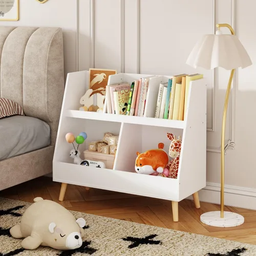 GDFStudio Estantería para niños y organizador de almacenamiento de juguetes, 5 cubículos, estantería abierta de madera con 2 cubos grandes y patas