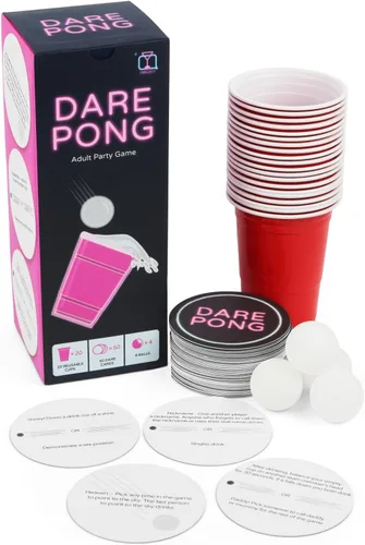 Dare Pong - Juego completo de pong de cerveza y 50 posavasos con desafíos, juegos de beber perfectos y divertidos, juegos de mesa para adultos,